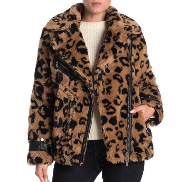 🎈SALE Avec Les Filles Leopard Teddy Faux Fur Biker Moto Jacket NEW - Picture 3 of 16